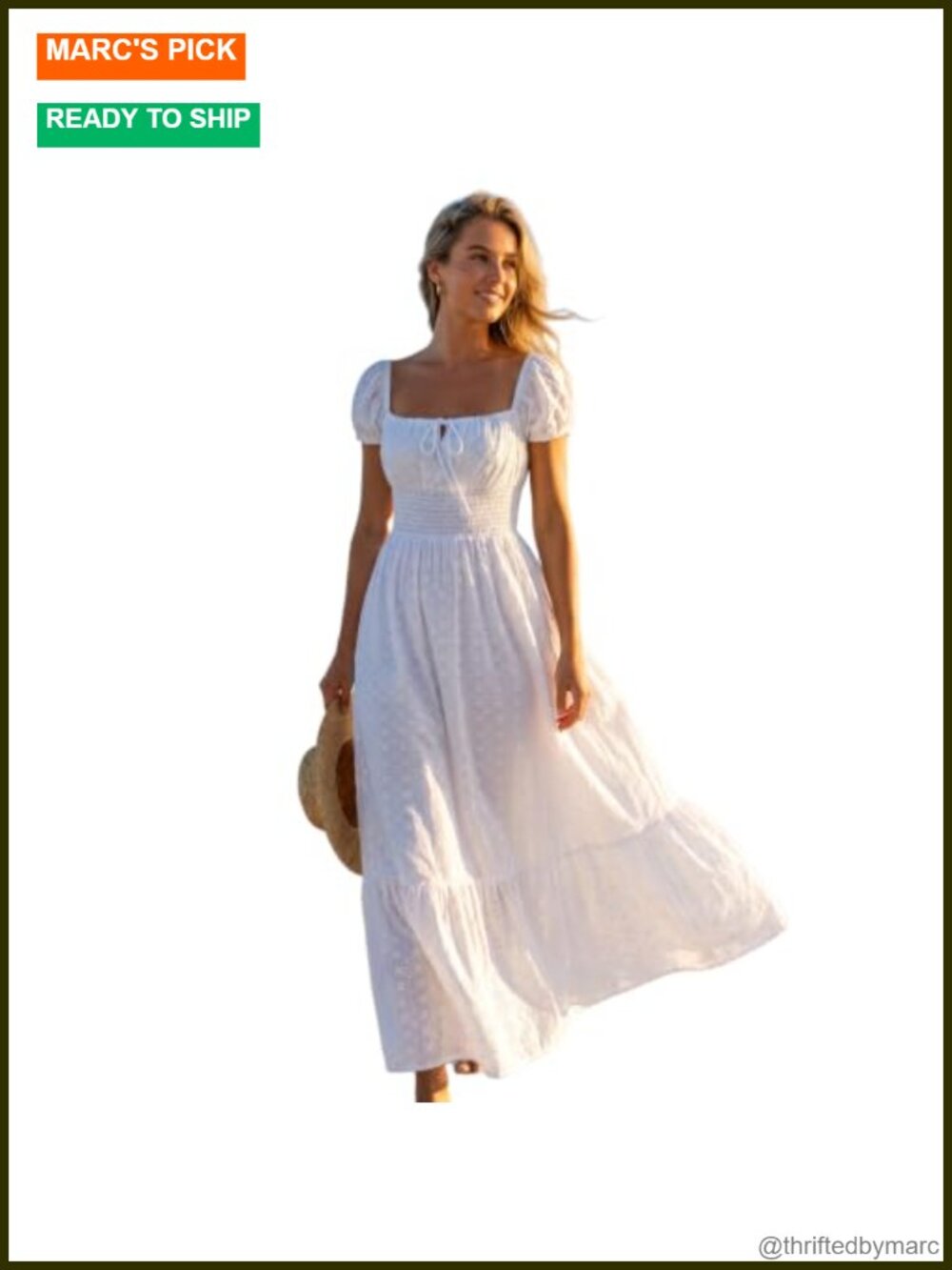 SUNSTORY Women's Maxi Dress Puff Sleeve Square Neck Smocked Waist A-Line